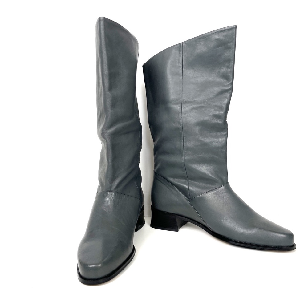 Markon Gray Leather Shelly Mid Calf Boots with Block Heels Size 11